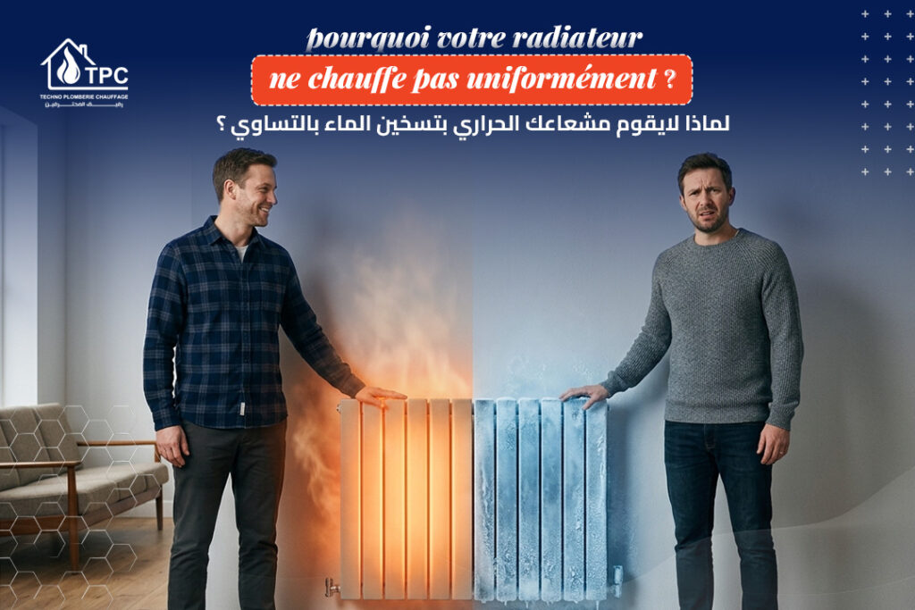 Un homme perplexe devant un radiateur de maison à moitié froid et à moitié chaud - TPC Alger.