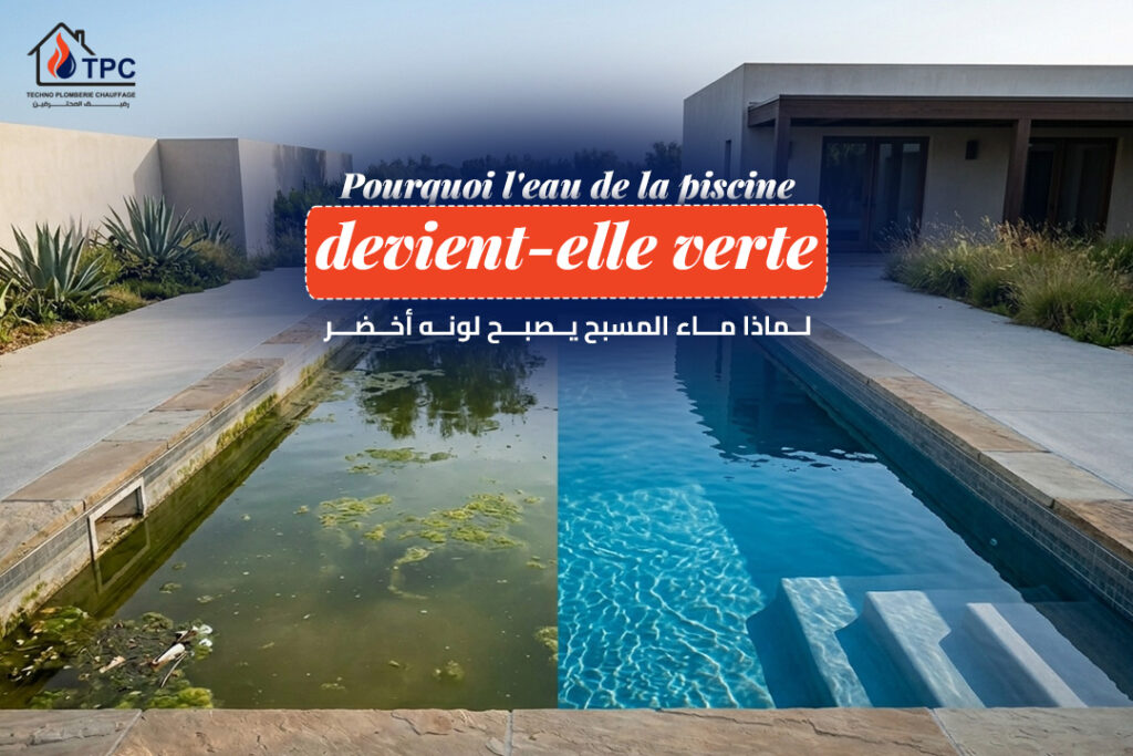 Comparaison avant-après d'une piscine avec un côté vert rempli d'algues et un côté bleu cristallin - TPC Alger.